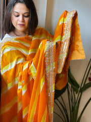 Yellow, Haldi Yellow Handmade Leheriya Dupatta with Gotapatti and Pearl Handwork in Pure Gajji Silk