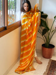 Yellow, Haldi Yellow Handmade Leheriya Dupatta with Gotapatti and Pearl Handwork in Pure Gajji Silk