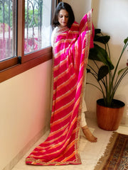 Pink, Peach Handmade Leheriya Dupatta with Gotapatti and Pearl Handwork in Pure Gajji Silk