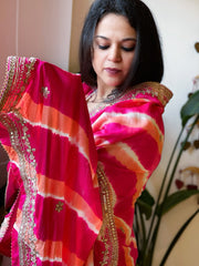 Pink, Peach Handmade Leheriya Dupatta with Gotapatti and Pearl Handwork in Pure Gajji Silk