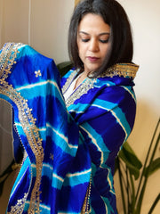 Blue Handmade Leheriya Dupatta with Gotapatti and Pearl Handwork in Pure Gajji Silk