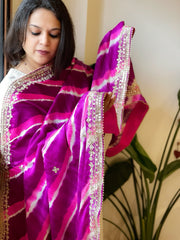 Purple, Pink Handmade Leheriya Dupatta with Gotapatti and Pearl Handwork in Pure Gajji Silk
