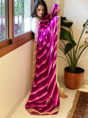 Purple, Pink Handmade Leheriya Dupatta with Gotapatti and Pearl Handwork in Pure Gajji Silk