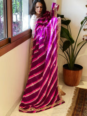 Purple, Pink Handmade Leheriya Dupatta with Gotapatti and Pearl Handwork in Pure Gajji Silk