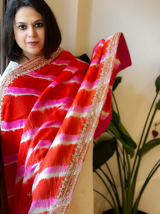 Orange, Pink Handmade Leheriya Dupatta with Gotapatti and Pearl Handwork in Pure Gajji Silk
