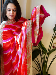 Orange, Pink Handmade Leheriya Dupatta with Gotapatti and Pearl Handwork in Pure Gajji Silk