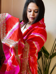 Orange, Pink Handmade Leheriya Dupatta with Gotapatti and Pearl Handwork in Pure Gajji Silk