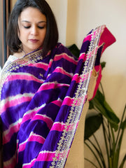 Blue, Pink Handmade Leheriya Dupatta with Gotapatti and Pearl Handwork in Pure Gajji Silk