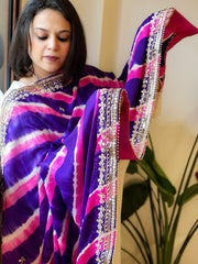 Blue, Pink Handmade Leheriya Dupatta with Gotapatti and Pearl Handwork in Pure Gajji Silk