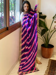 Blue, Pink Handmade Leheriya Dupatta with Gotapatti and Pearl Handwork in Pure Gajji Silk