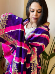 Blue, Pink Handmade Leheriya Dupatta with Gotapatti and Pearl Handwork in Pure Gajji Silk