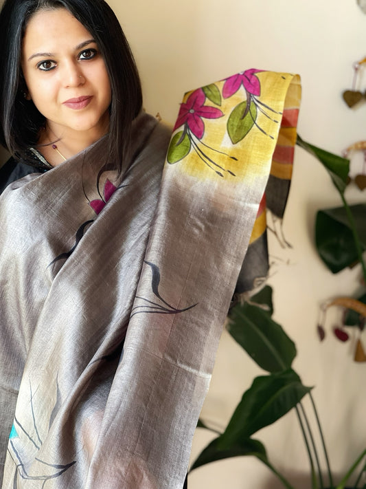 Handpainted Dupatta in Tussar Silk