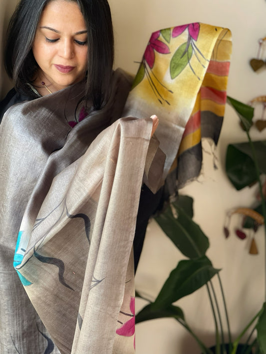 Handpainted Dupatta in Tussar Silk