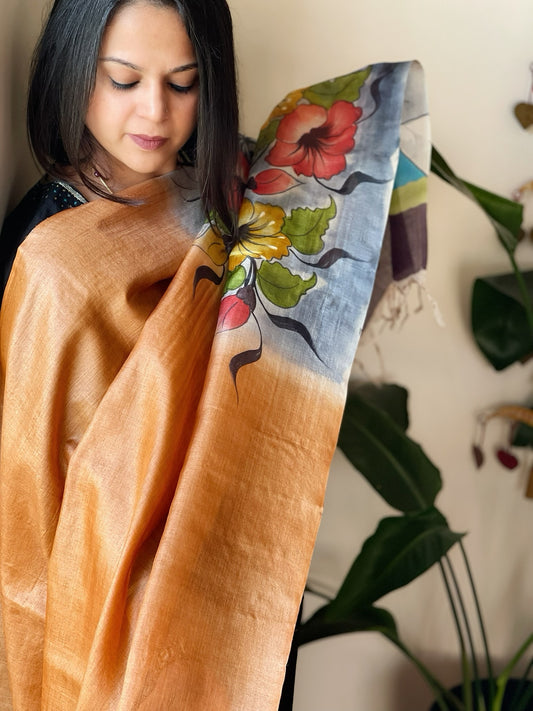 Handpainted Dupatta in Tussar Silk