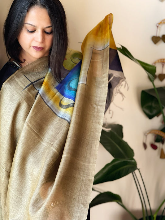 Handpainted Dupatta in Tussar Silk