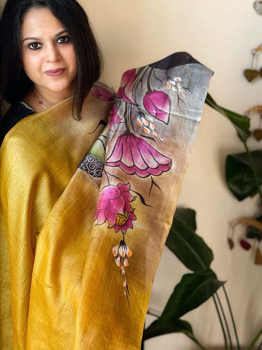 Handpainted Dupatta in Tussar Silk