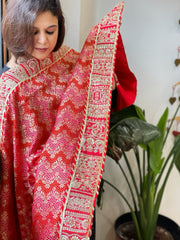 Red, Pink Woven Bandhej Banarasi Dupatta in Fine Georgette with Pearl, Sequin, Dabka Work
