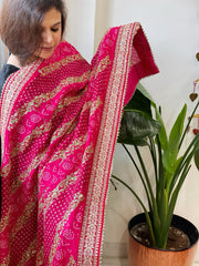 Pink Printed Bandhej Dupatta in Chinon with Gold Thread and Sequin Work