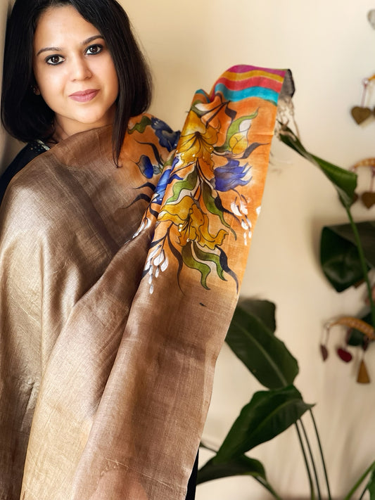 Handpainted Dupatta in Tussar Silk
