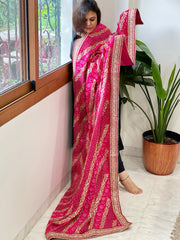 Pink Printed Bandhej Dupatta in Chinon with Gold Thread and Sequin Work