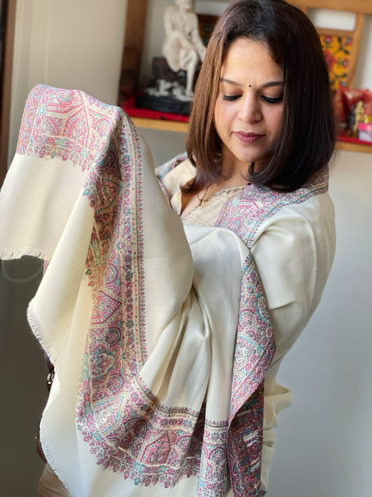 Ivory Woven Pashmina Shawl with Kaani Zari Border