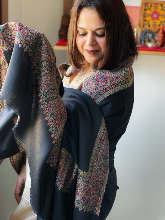 Black Woven Pashmina Shawl with Kaani Zari Border