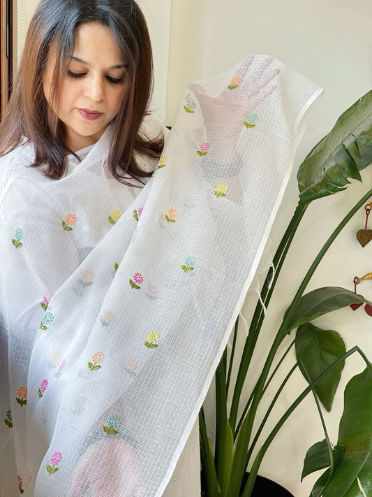 White Kota Cotton Dupatta with Thread Embroidery