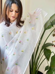 White Kota Cotton Dupatta with Thread Embroidery