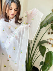 White Kota Cotton Dupatta with Thread Embroidery