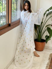 White Kota Cotton Dupatta with Thread Embroidery