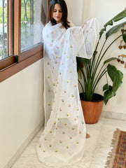 White Kota Cotton Dupatta with Thread Embroidery
