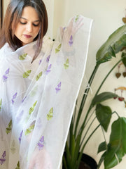 White Kota Cotton Dupatta with Thread Embroidery