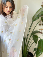 White Kota Cotton Dupatta with Thread Embroidery