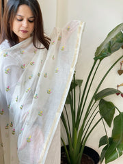 White Kota Cotton Dupatta with Thread Embroidery