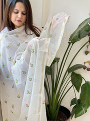 White Kota Cotton Dupatta with Thread Embroidery