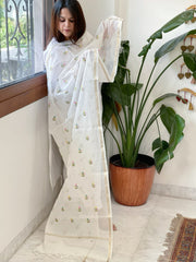 White Kota Cotton Dupatta with Thread Embroidery