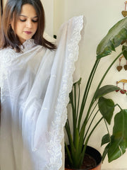 White Mul Cotton Dupatta with Embroidery