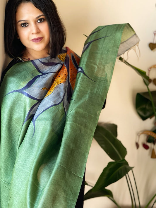 Handpainted Dupatta in Tussar Silk