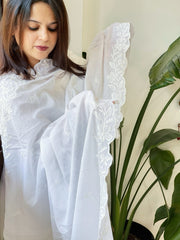 White Mul Cotton Dupatta with Embroidery