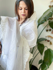 White Mul Cotton Dupatta with Embroidery