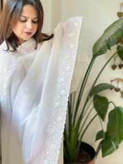 White Kota Cotton Dupatta with Thread Embroidery