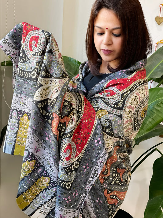 Woven Pashmina Kalamkari Shawl with Thread Embroidery