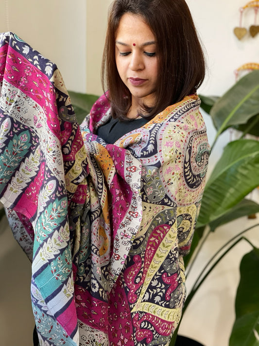 Woven Pashmina Kalamkari Shawl with Thread Embroidery