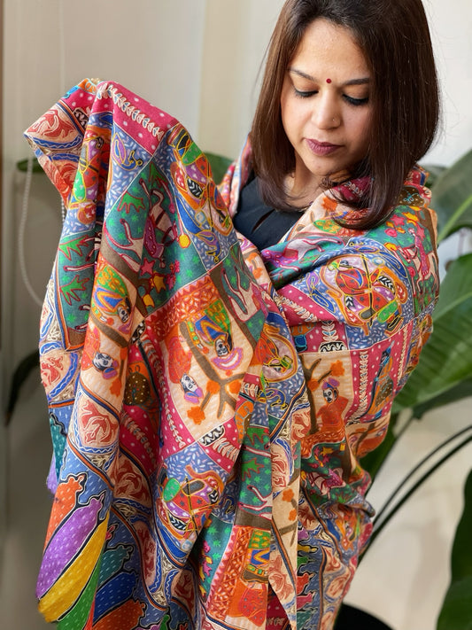 Woven Pashmina Kalamkari Shawl with Thread Embroidery