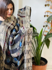 Black Ajrakh Handblock Printed Organza Crepe Dupatta with Banarasi Border