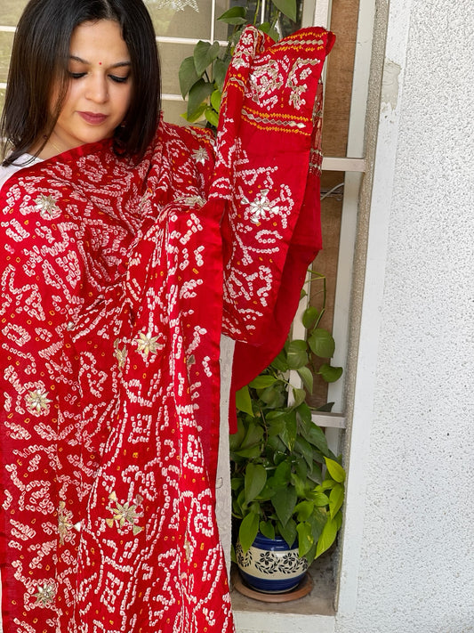 Red Bandhani Dupatta with Gotapatti Handwork in Pure Silk