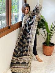Black Ajrakh Handblock Printed Organza Crepe Dupatta with Banarasi Border