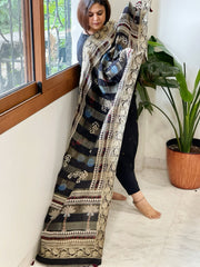 Black Ajrakh Handblock Printed Organza Crepe Dupatta with Banarasi Border