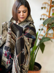 Black Ajrakh Handblock Printed Organza Crepe Dupatta with Banarasi Border