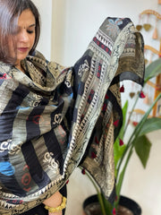 Black Ajrakh Handblock Printed Organza Crepe Dupatta with Banarasi Border